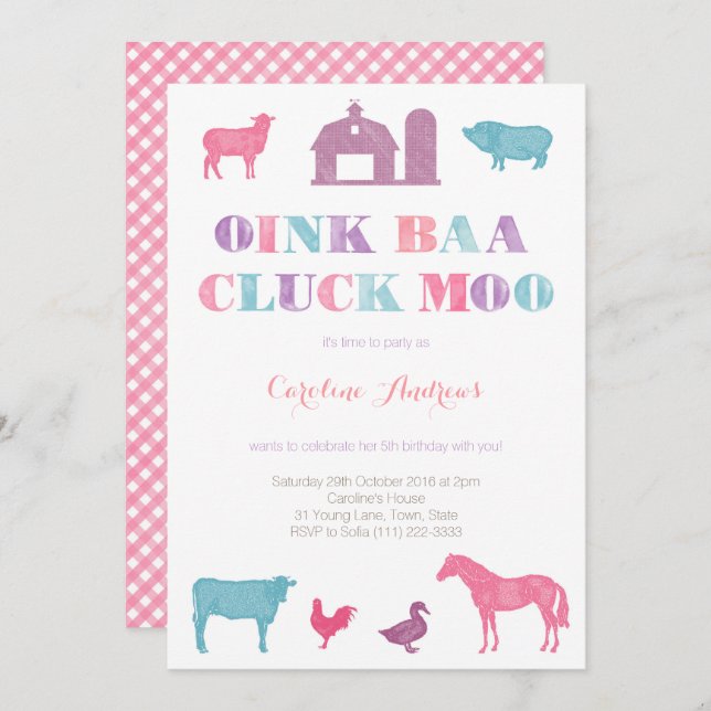 Invitation fête du zoo, vieille fille de la ferme macdonald (Devant / Derrière)