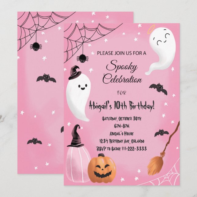 Invitation Fête Éffrayante rose Halloween Anniversaire Invita (Devant / Derrière)