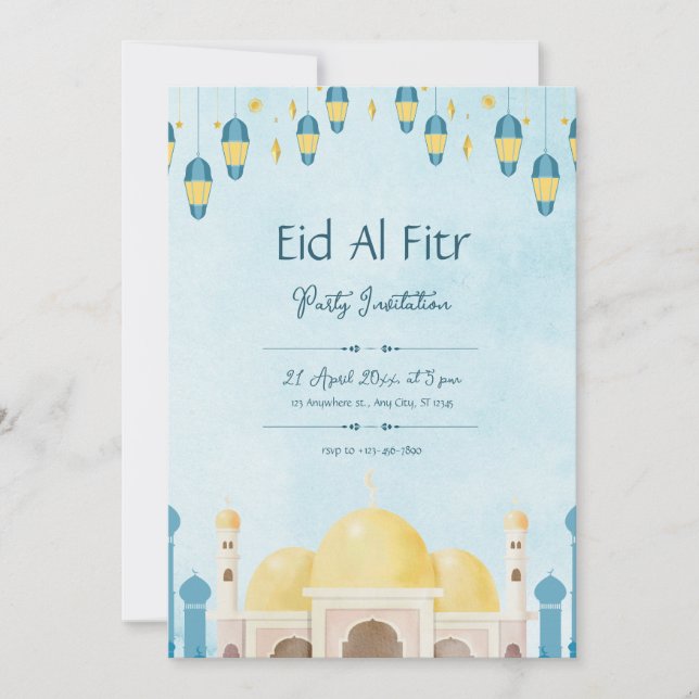 Invitation Fête Eid aquarelle bleue et jaune (Devant)