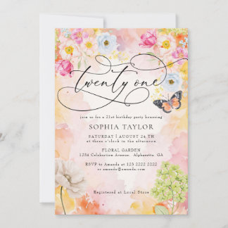 Invitation Fête élégante aquarelle florale pastel 21e anniver