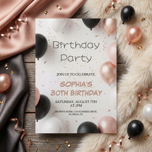 Invitation Fête Élégante Ballon Rose Noir (Créateur téléchargé)