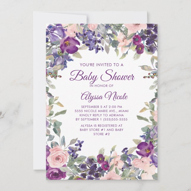 Invitation Fête élégante bébé fleurs rose violet (Devant)