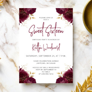 Invitation Fête élégante Burgundy Or Floral Sweet 16