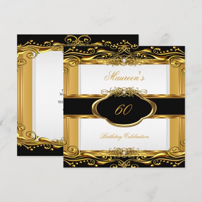 Invitation Fête élégante d'anniversaire 60 ans Noir Blanc Or (Devant / Derrière)