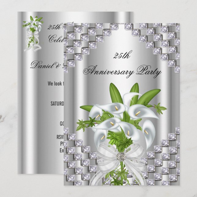 Invitation Fête élégante d'anniversaire de 25 ans argent blan (Devant / Derrière)