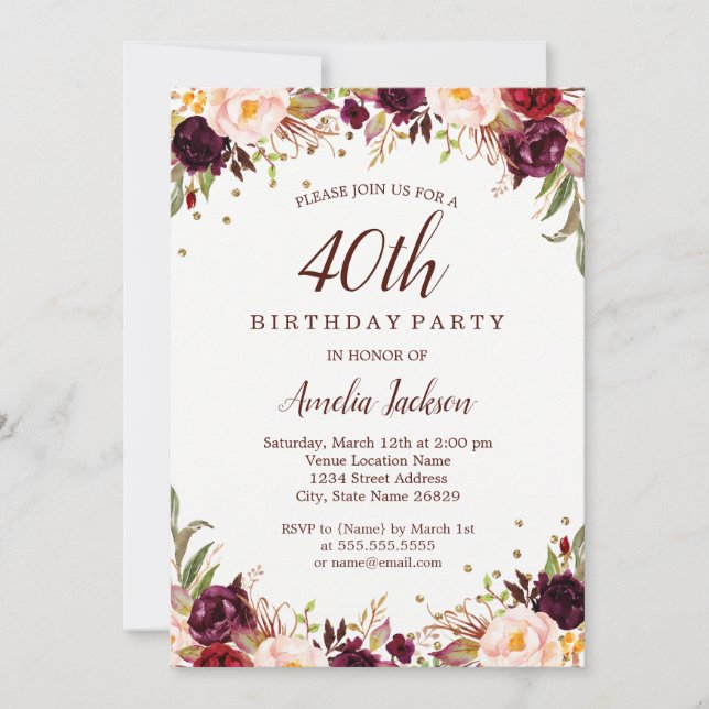 Invitation Fête élégante d'anniversaire de 40 ans avec fleurs (Devant)