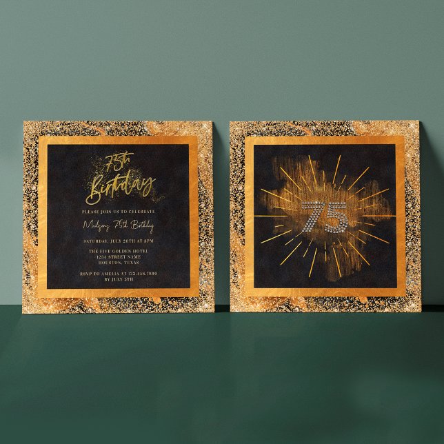 Invitation Fête élégante d'anniversaire de 75 ans avec paille (Front / Back)
