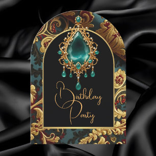 Invitation Fête élégante d'anniversaire Jade Rouge Or Bijou