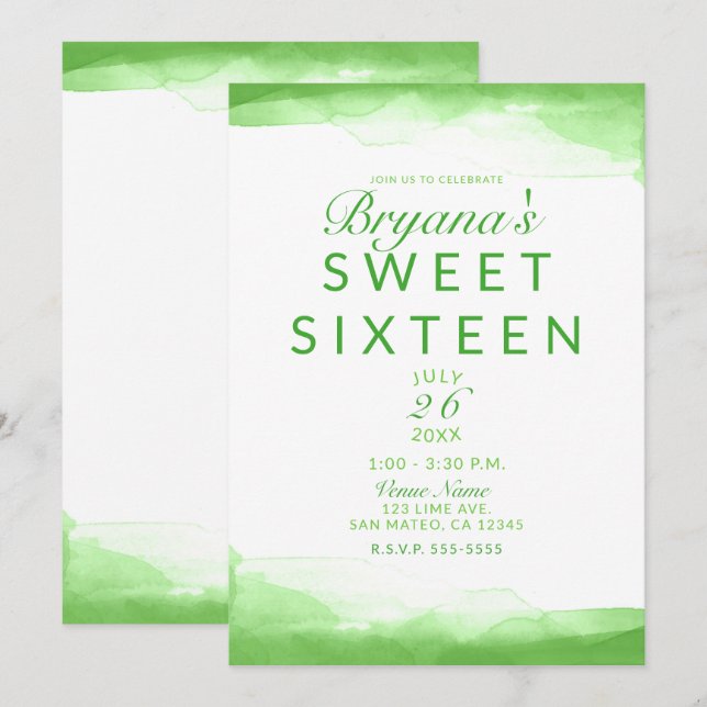 Invitation Fête élégante de 16 ans avec aquarelle vert citron (Devant / Derrière)