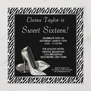 Invitation Fête élégante de 16 ans thème zèbre noir et blanc