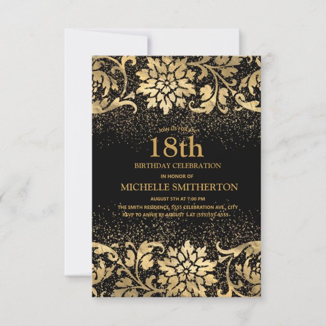 Invitation Fête élégante de 18 ans avec fleurs noires et doré (Devant)