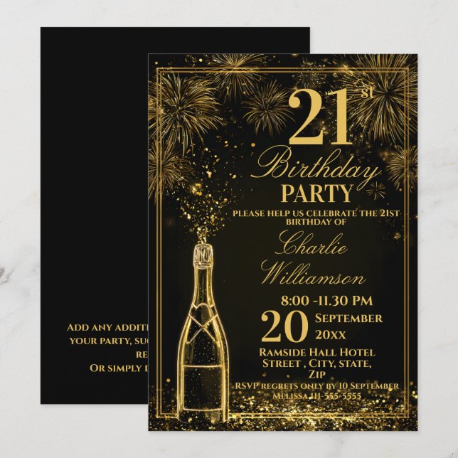 Invitation Fête élégante de 21 ans Bouteille de mousseux doré (Devant / Derrière)
