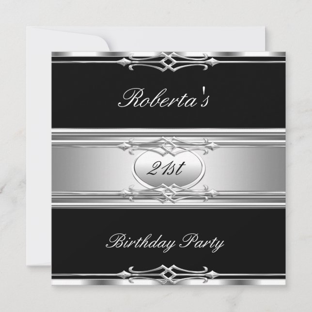 Invitation Fête élégante de 21 ans Noir Argent 21 (Devant)