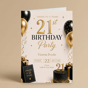 Invitation Fête élégante de 21 ans noir et or