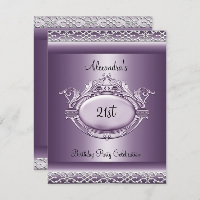 Invitation Fête élégante de 21 ans Satin Mauve Violet (Devant / Derrière)