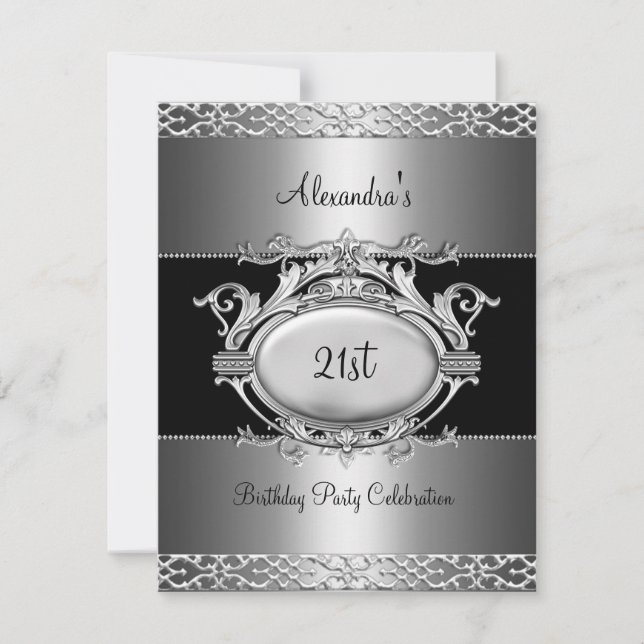 Invitation Fête élégante de 21e anniversaire argent noir (Devant)