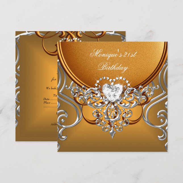 Invitation Fête élégante de 21e anniversaire or argent diaman (Devant / Derrière)