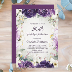 Invitation Fête élégante de 30 ans avec fleurs violettes et b
