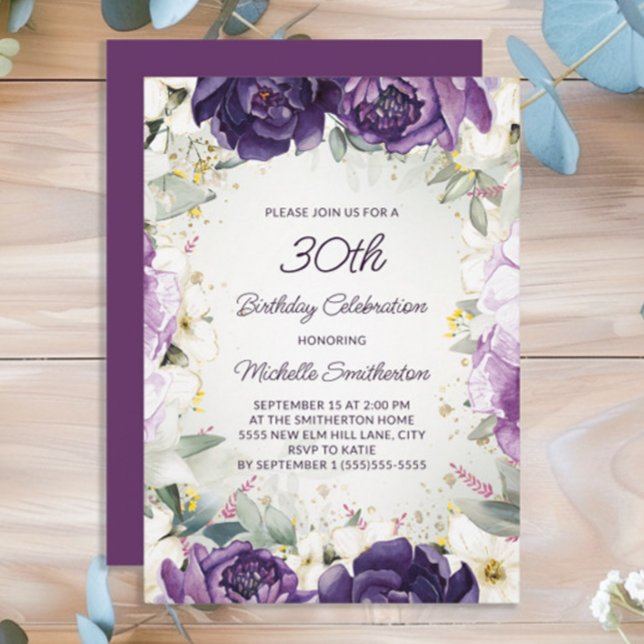 Invitation Fête élégante de 30 ans avec fleurs violettes et b (Purple floral women's 30th birthday party invitation)