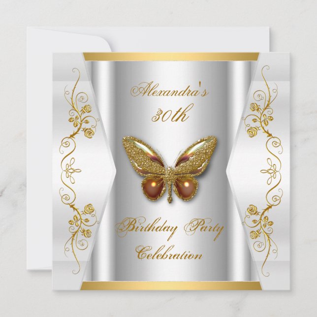 Invitation Fête élégante de 30e anniversaire Papillon Blanc O (Devant)
