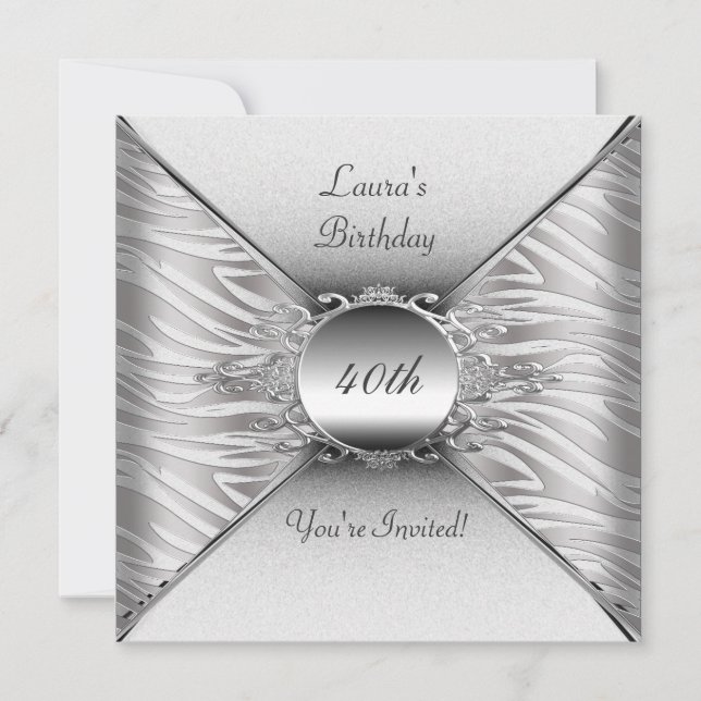 Invitation Fête élégante de 40 ans Anniversaire Blanc Argent (Devant)