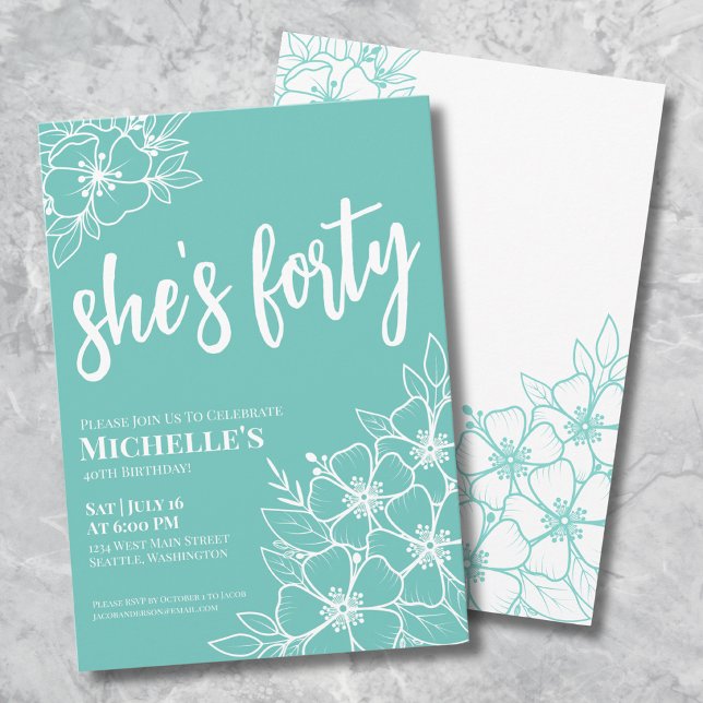 Invitation Fête élégante de 40 ans avec des fleurs (Floral Forty Teal Blue 40th Birthday Party Invitation )