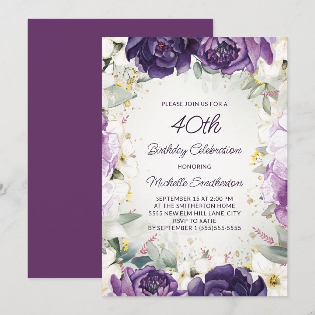 Invitation Fête élégante de 40 ans avec fleurs violettes blan (Devant / Derrière)