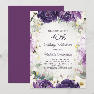 Invitation Fête élégante de 40 ans avec fleurs violettes blan