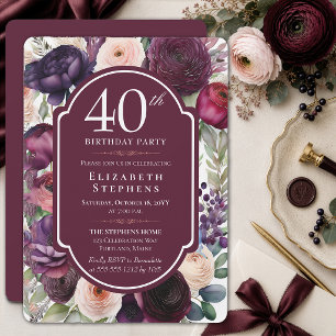 Invitation Fête élégante de 40 ans avec ranunculus floral vin