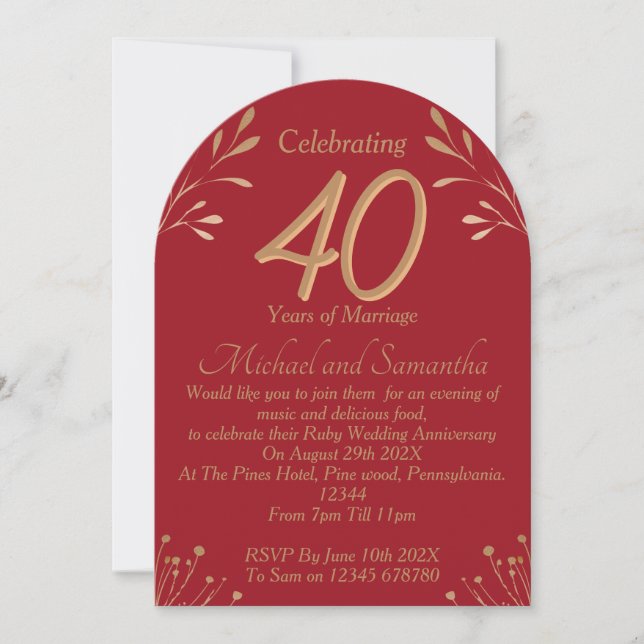 Invitation Fête élégante de 40 ans de mariage rubis (Devant)