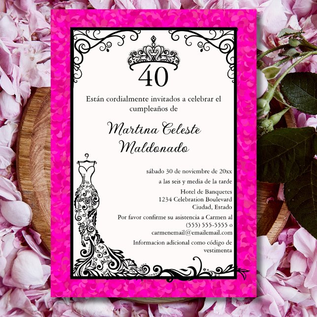 Invitation Fête élégante de 40 ans en rose chaud espagnol et  (Créateur téléchargé)