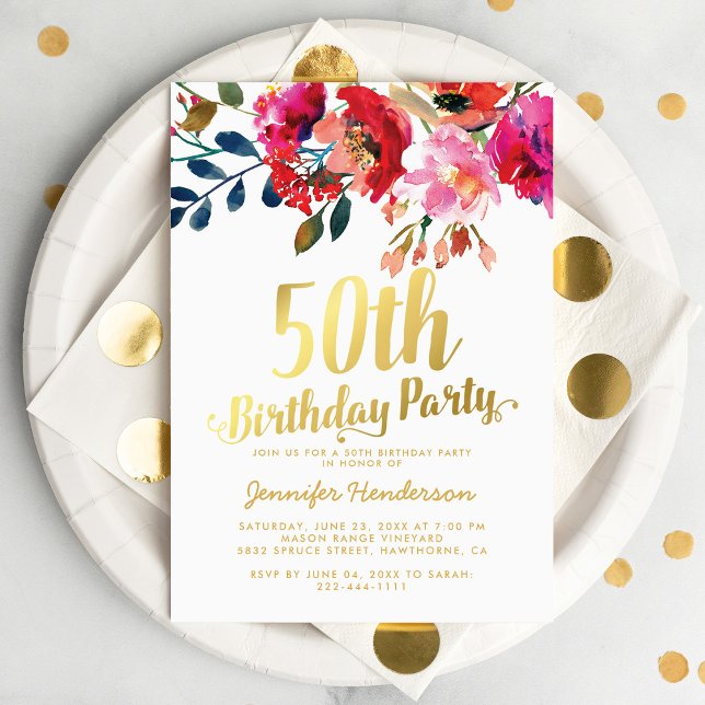 Invitation Fête élégante de 50 ans avec des fleurs et de l'or (Créateur téléchargé)