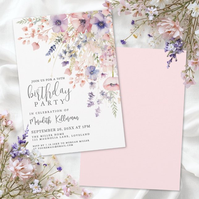 Invitation Fête élégante de 50 ans avec des fleurs roses (Elegant Pink Floral 50th Birthday Party Invitation )