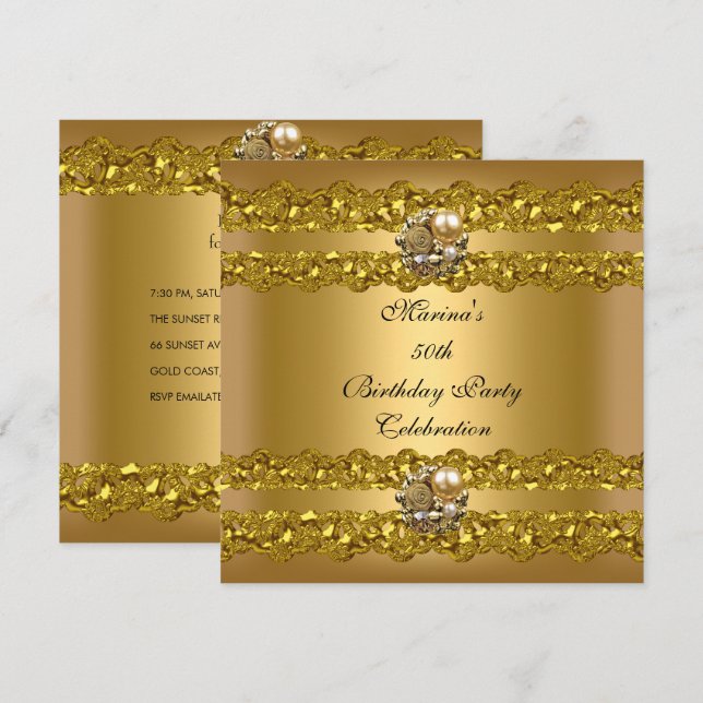 Invitation Fête élégante de 50e anniversaire Bijou Perle Or (Devant / Derrière)