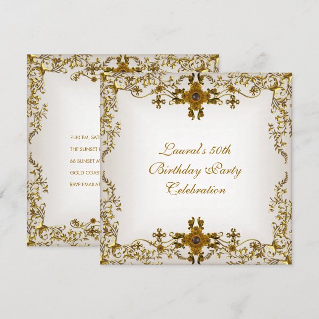 Invitation Fête élégante de 50e anniversaire Blanc Crème Doré (Devant / Derrière)