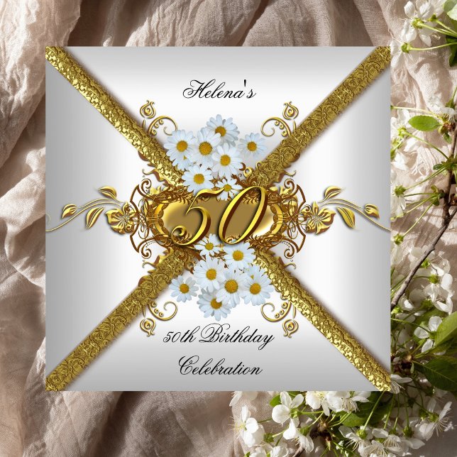 Invitation Fête élégante de 50e anniversaire Blanc Daisy Or (Créateur téléchargé)