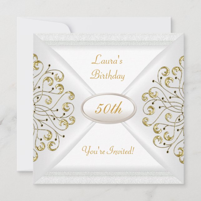 Invitation Fête élégante de 50e anniversaire Blanc Or (Devant)