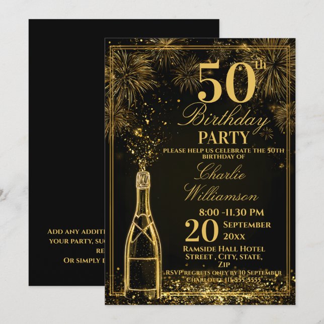 Invitation Fête élégante de 50e anniversaire Bouteille de Fiz (Devant / Derrière)