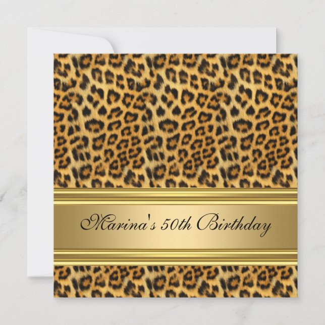 Invitation Fête élégante de 50e anniversaire noir or guépard (Devant)