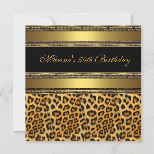 Invitation Fête élégante de 50e anniversaire Noir Or Guépard  (Devant)
