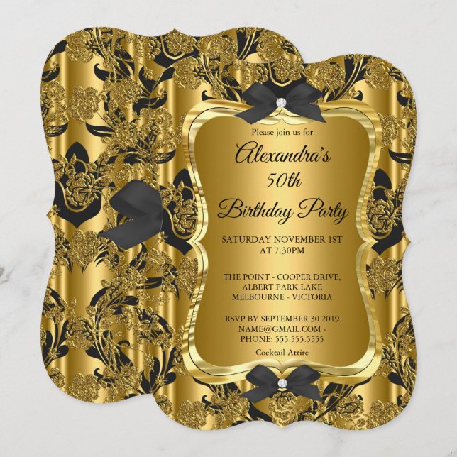 Invitation Fête élégante de 50e anniversaire Or 3 Noir (Devant / Derrière)