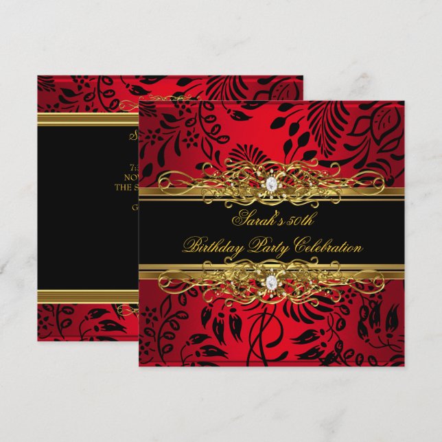 Invitation Fête élégante de 50e anniversaire rouge noir or da (Devant / Derrière)