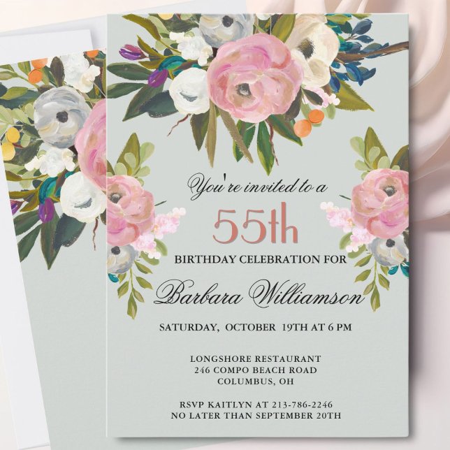 Invitation Fête élégante de 55 ans avec fleurs peintes à la m (Créateur téléchargé)
