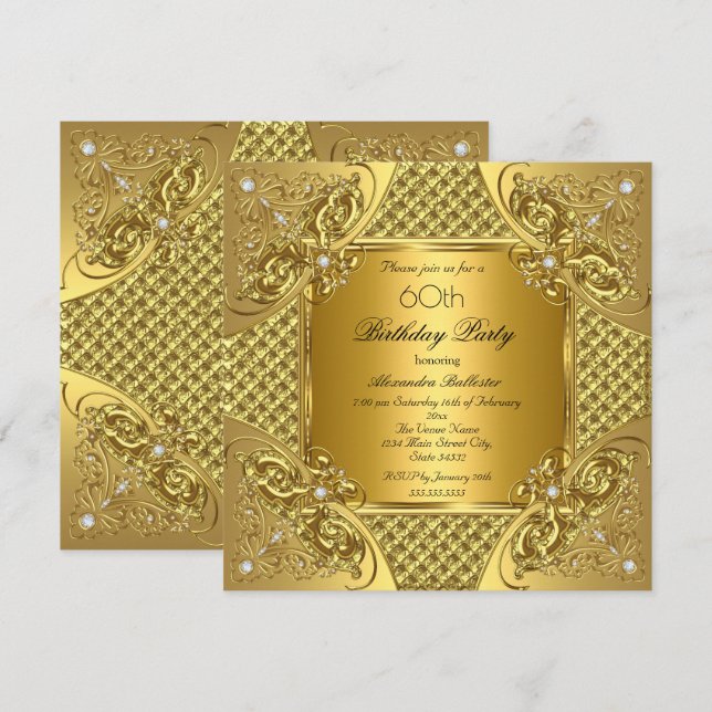 Invitation Fête élégante de 60e anniversaire Or Diamants (Devant / Derrière)