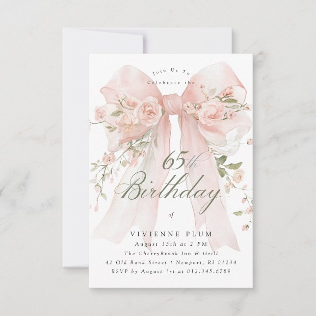Invitation Fête élégante de 65 ans avec fleurs roses (Devant)