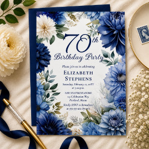 Invitation Fête élégante de 70 ans avec Dahlia Bleu Floral