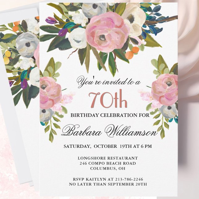 Invitation Fête élégante de 70 ans avec fleurs peintes à la m (Créateur téléchargé)