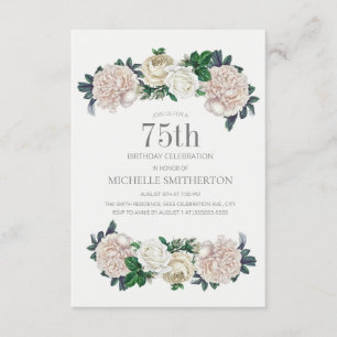 Invitation Fête élégante de 75 ans avec fleurs ivoire et crèm