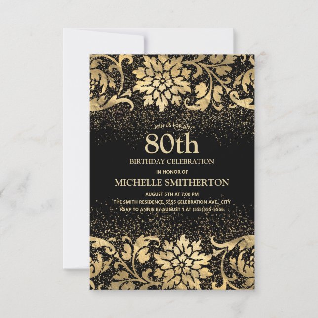 Invitation Fête élégante de 80 ans avec fleurs noires et doré (Devant)