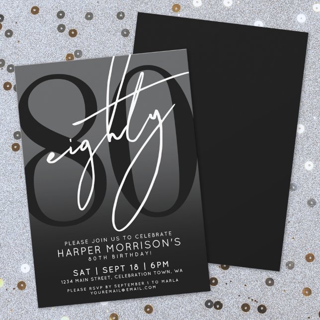 Invitation Fête élégante de 80 ans en noir (Elegant Black 80th Birthday Party Invitation)